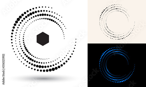 Halftone hexagons in circle form. Round logo or icon. Vector frame as design element. In center is the repeated element.