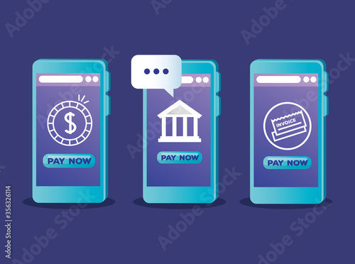 Smartphones with bank coin and credit card of money financial banking commerce and market theme Vector illustration