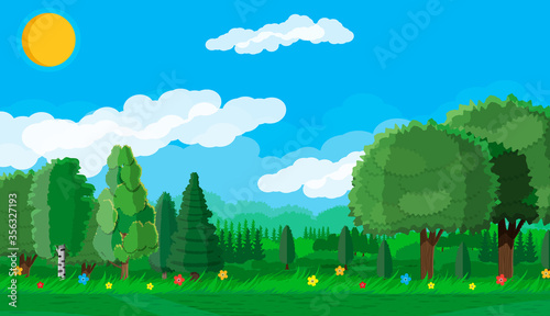 Summer landscape concept. Green forest and blue sky. Countryside rolling hills. Hills, flowers trees on the horizon. Vector illustration in flat style