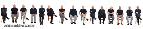 line of same man view in various outfits sitting on white background, front view