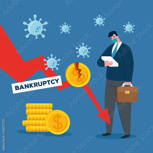 businessman with mask broken coin and decrease arrow design of bankruptcy and covid 19 virus theme Vector illustration