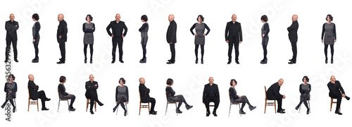 portrait of group of same couple sitting and standing on a chair with front and profile on white background