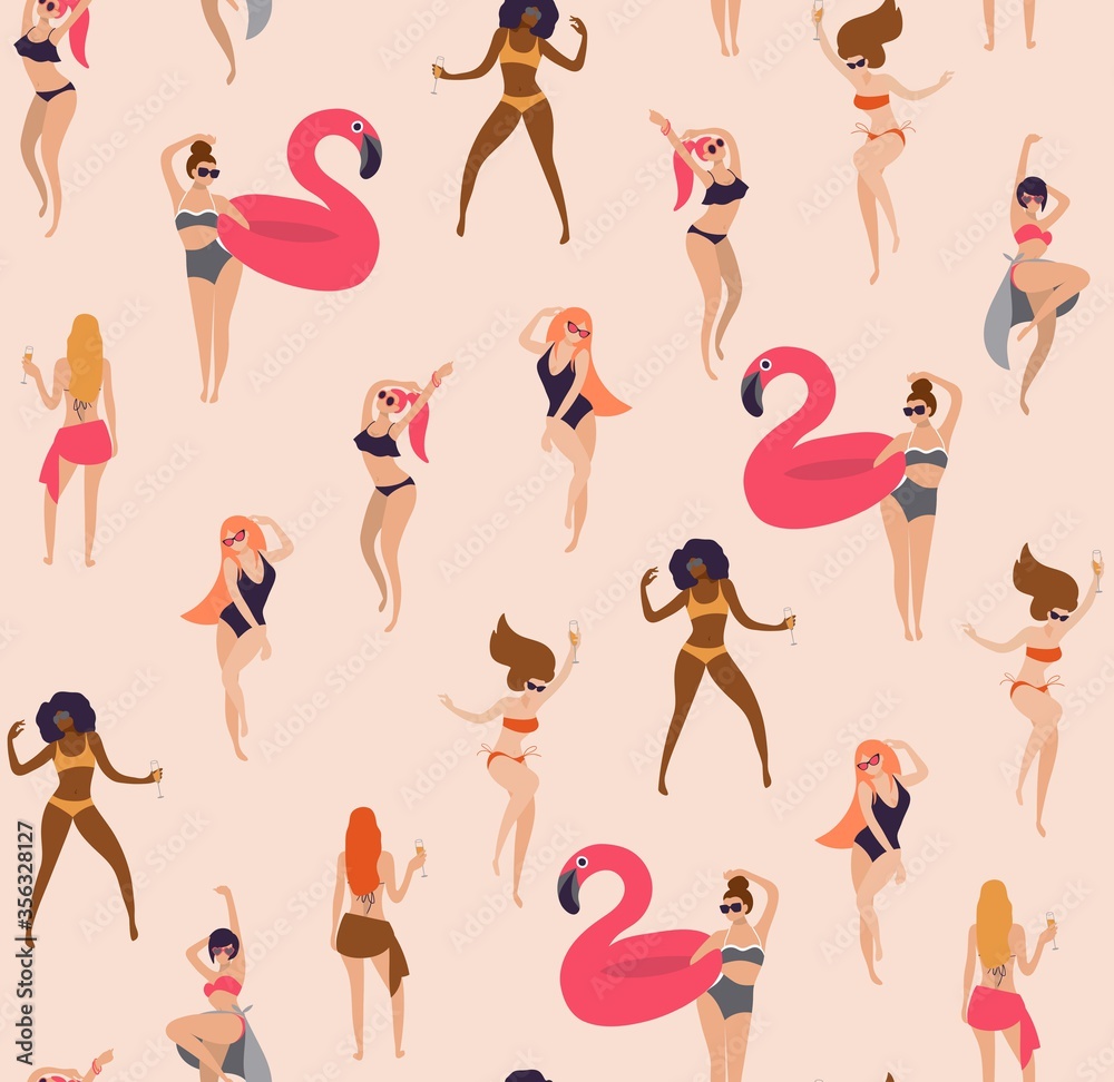 Girls dancing in swimsuits seamless pattern.