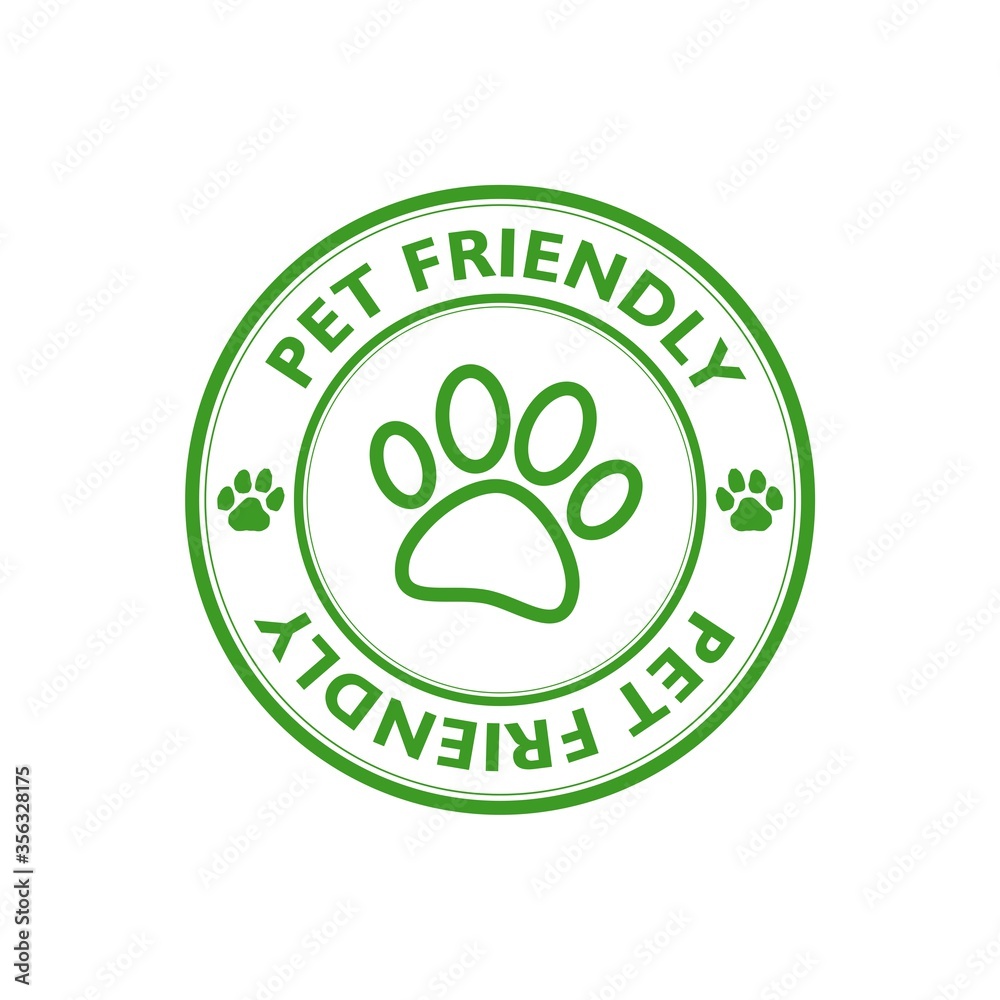 Pet friendly sign. Pet paw label, stamp or sticker isolated on white background Pet friendly sign. Pet paw label, stamp or sticker isolated on white background