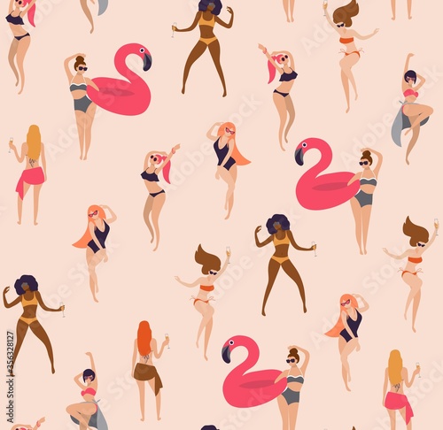 Girls dancing in swimsuits seamless pattern.