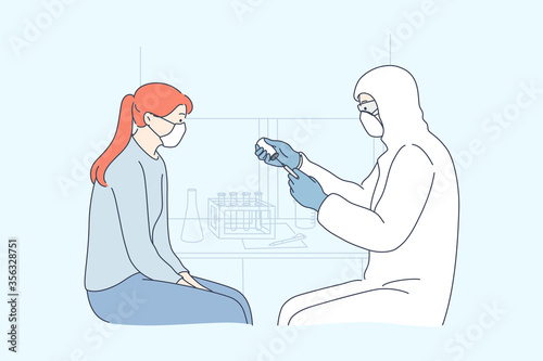 Healthcare, coronavirus, vaccination, medicine concept. Man doctor with medical face mask suit gives vaccine treatment from covid19 desease to young woman. People immunization from 2019ncov infection.