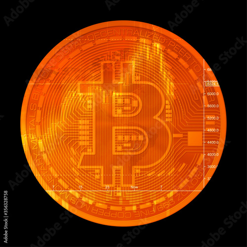 HUD Golden bitcoin. Digital currency money. Technology bitcoin mining worldwide network concept. Web banner golden bitcoin background. Physical bit coin. Cryptocurrency technology gold coins money