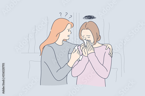 Support, stress, depression, frustration concept. Young daughter hugging soothing sad depressed frustrated crying adult woman mother holding shoulders and discussing problems. Family care and empathy.