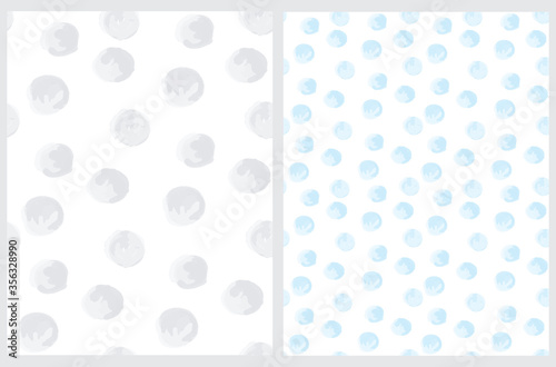 Cute Hand Drawn Abstract Irregular Polka Dots Vector Pattern Set. Light Blue and Light Gray Brush Dots on a White Background. Bright Watercolor Style Vector Print. Simple Dotted Layout.