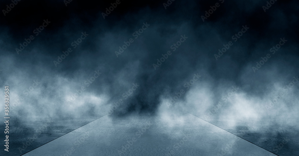 Fototapeta premium Dark street, wet asphalt, reflections of rays in the water. Abstract dark blue background, smoke, smog. Empty dark scene, neon light, spotlights. Concrete floor