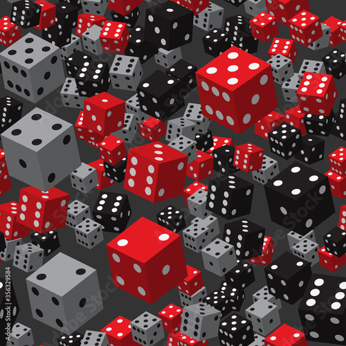Red Black Gray Dice Seamless Pattern, 3D Illustration