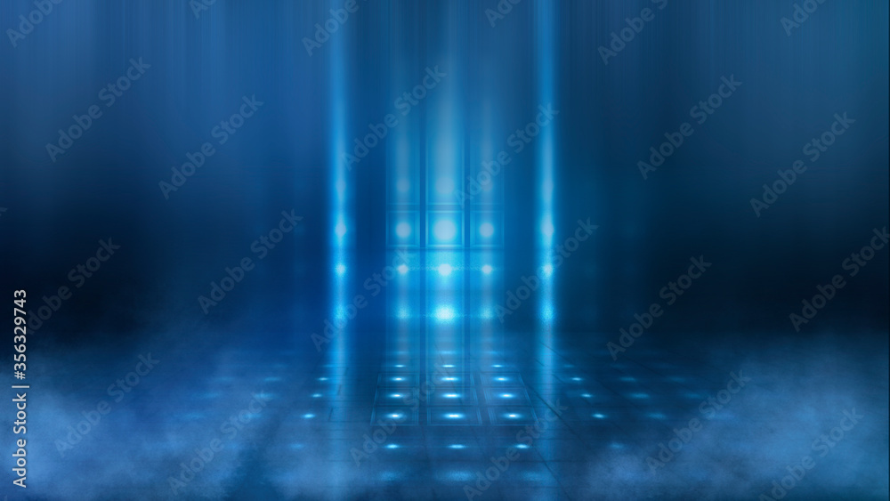 Fototapeta premium Dark street, wet asphalt, reflections of rays in the water. Abstract dark blue background, smoke, smog. Empty dark scene, neon light, spotlights. Concrete floor