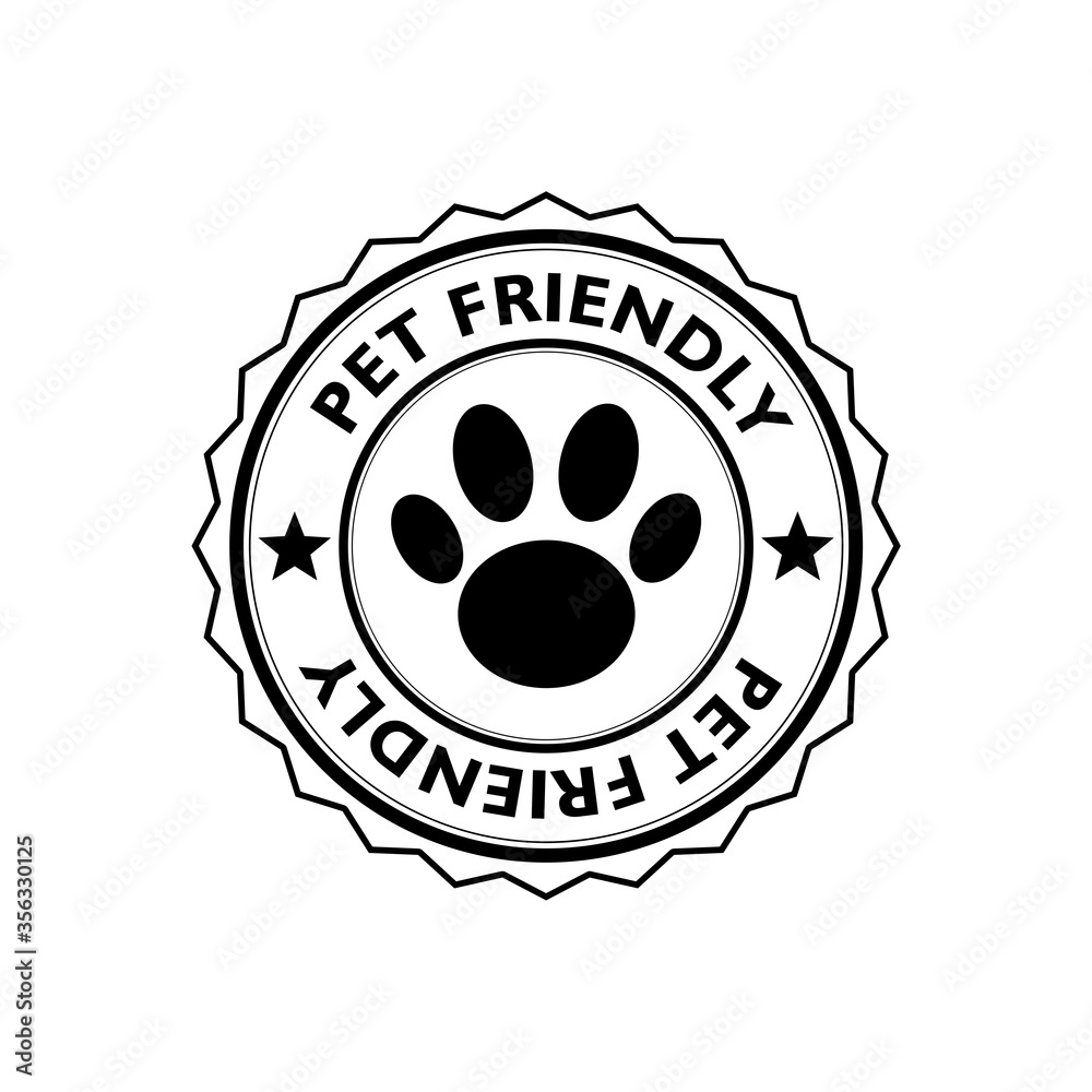 Black paw symbol in circle with pet friendly text written on it isolated on white background Black paw symbol in circle with pet friendly text written on it isolated on white background