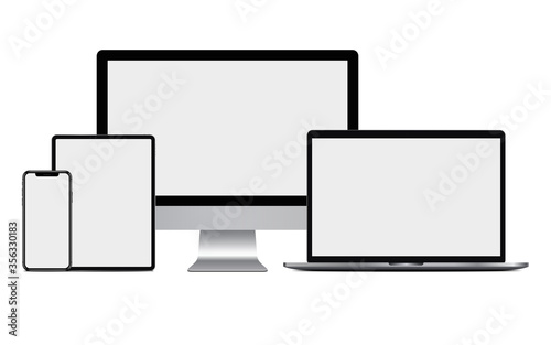 Realistic phone, tablet, laptop and pc vector graphic with white screens. Ideal for e-commerce, graphic design and online presentation.