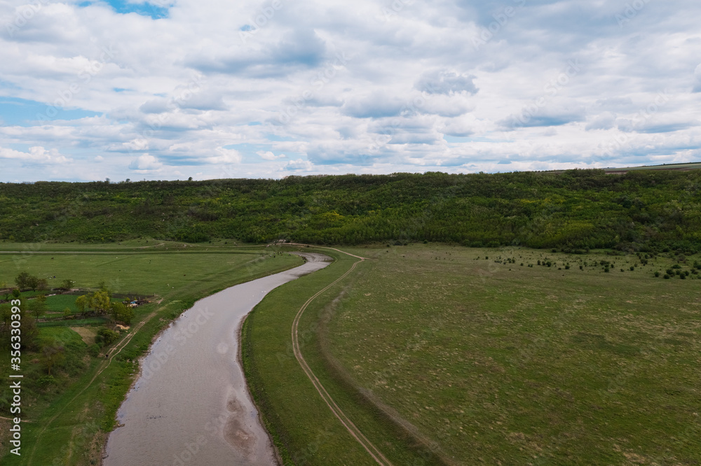 Aerial view of vegetation the river during summer day on background of beautiful sky Aerial view of vegetation the river during summer day on background of beautiful sky