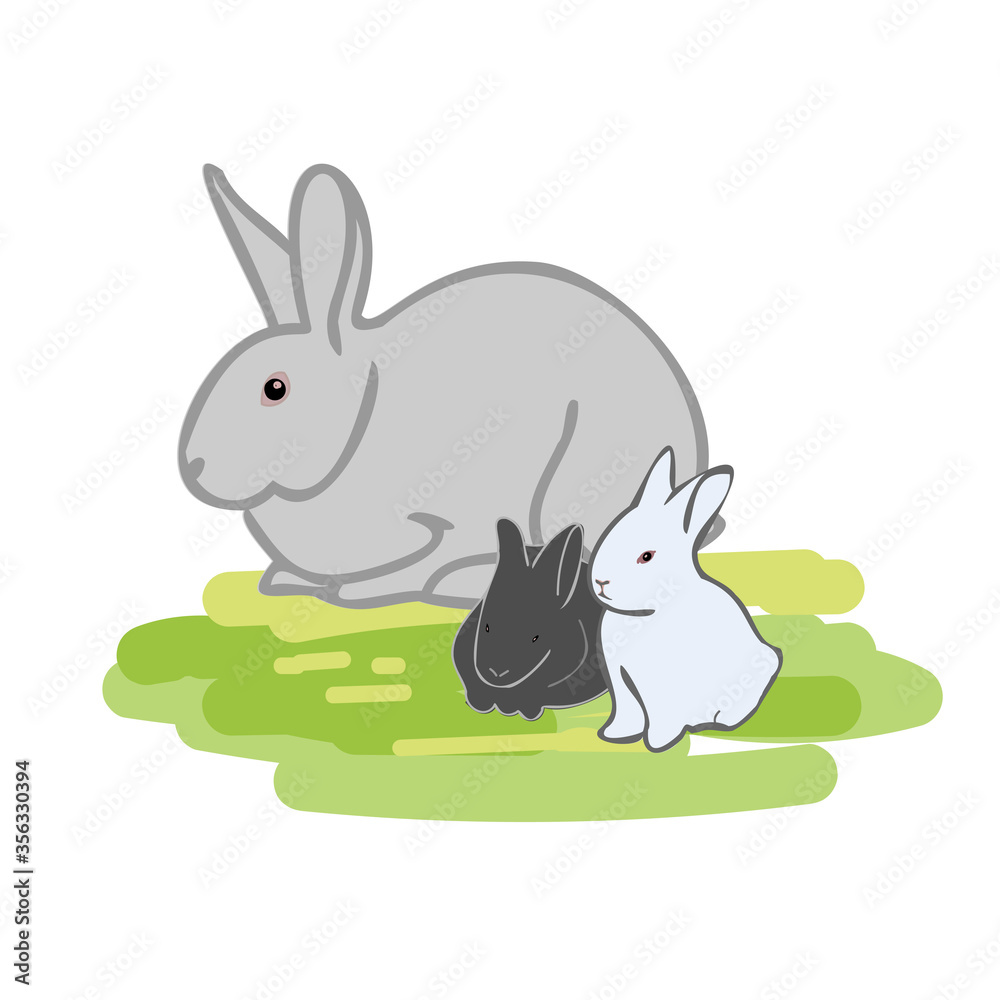 Vector illustration of rabbit with small rabbits isolated on a white background, hand drawing illustration. Vector illustration of rabbit with small rabbits isolated on a white background, hand drawing illustration.