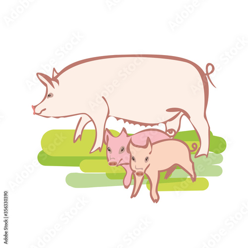 Vector illustration of pig with piglets isolated on a white background, hand drawing illustration.