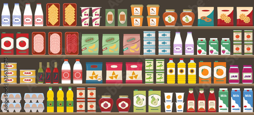 Supermarkets shelves with products and drinks. Seamless pattern. Shopping and food retail concept. Vector illustration.
