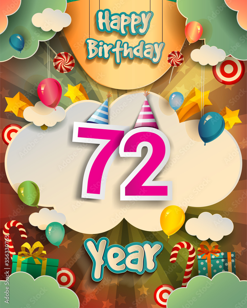 72nd Birthday Celebration greeting card Design, with clouds and balloons. Vector elements for anniversary celebration.