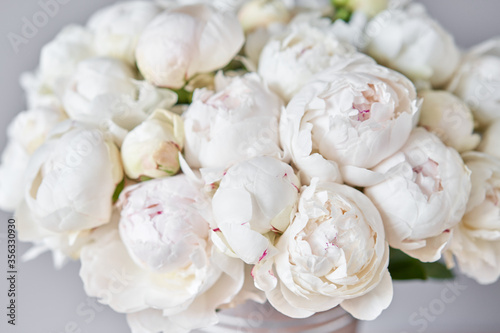 White Odile peonies in a metal vase. Beautiful peony flower for catalog or online store. Floral shop concept . Beautiful fresh cut bouquet. Flowers delivery. Copy space