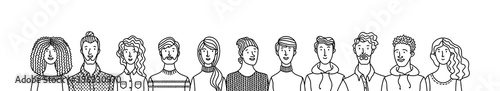 Multicultural smiling adult men and women standing together