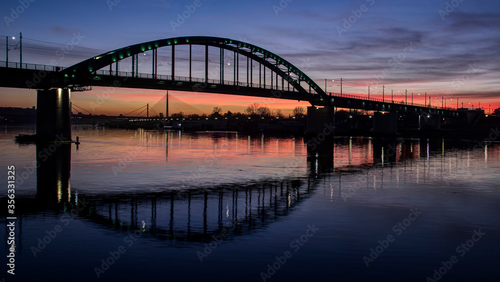 Belgrade, Serbia - Bridges spanning the Sava River at sunset