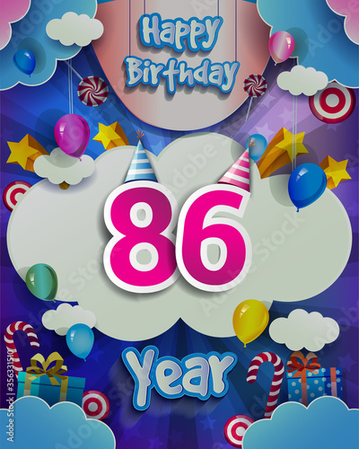 86th Birthday Celebration greeting card Design, with clouds and balloons. Vector elements for anniversary celebration.