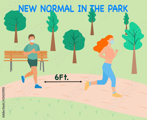 After lockdown people go to exercise at park and have new normal wearing mask and keep social distancing for safe from coronavirus. Vector illustration 