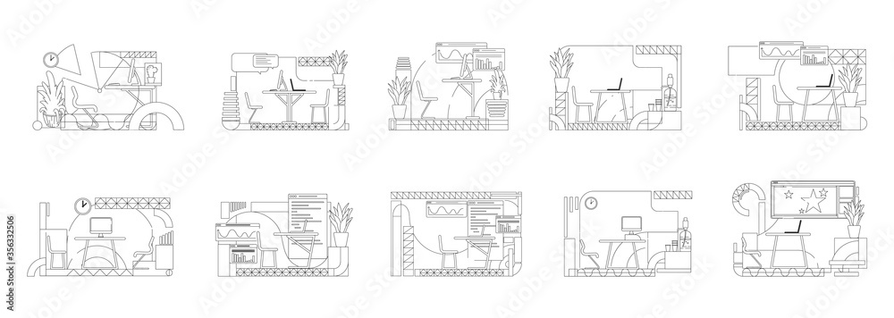 Office interior designs outline vector illustrations set. Employee workplace contour compositions on white background. Creative studio , coworking space simple style drawings collection