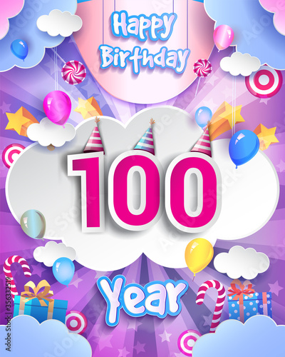 100th Birthday Celebration greeting card Design, with clouds and balloons. Vector elements for anniversary celebration.