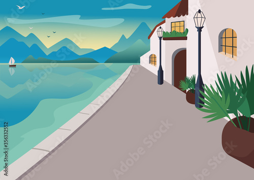 Seaside resort village flat color vector illustration