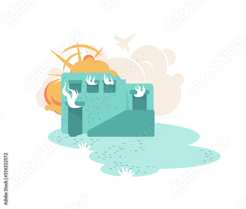 Building ruin in flame 2D vector web banner, poster