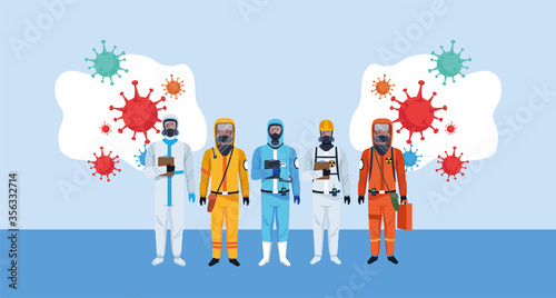 biosafety workers with biohazard suits and covid19 particles