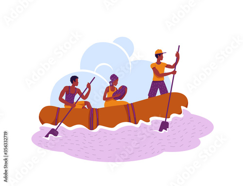 Refugees in boat 2D vector web banner, poster