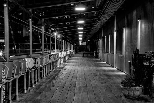 Empty bar waterfront Covid-19 lockdown monochrome black and white
