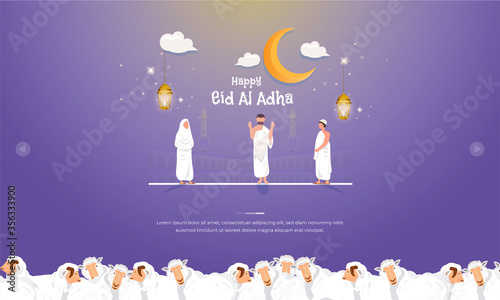 Islamic holiday of Eid al Adha greeting concept with muslim hajj or on the pilgrimage photo