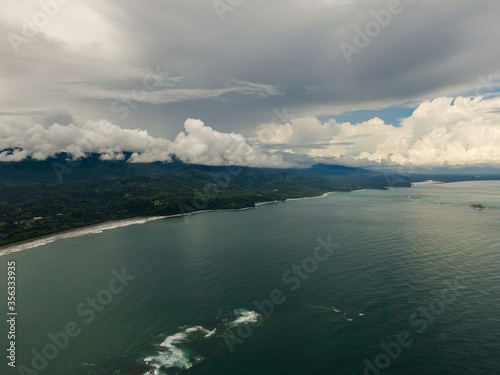 Beautiful aerial view of the majestic whale tale in the beach of the National park Marino Ballena in Costa Rica 