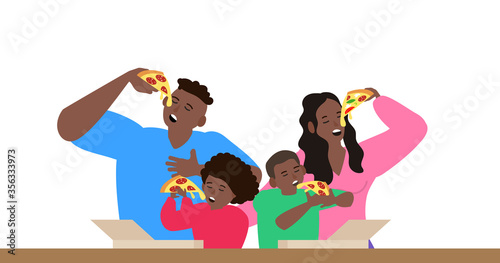 happy african american family eating a tasty pizza slices vector illustration