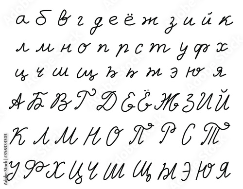 Cyrillic alphabet.Russian letters.Modern brush lettering.Vector hand drawn alphabet isolated on white background.Letters outline in black color.Simple font in flat style illustration.Comics book font.