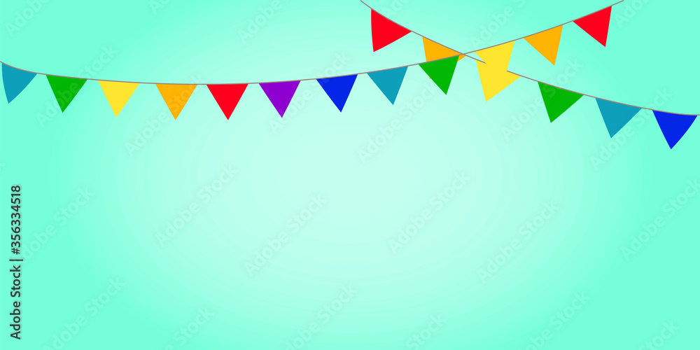A garland of flags and pennants for a party and birthday. Carnival hanging chain on a green background.