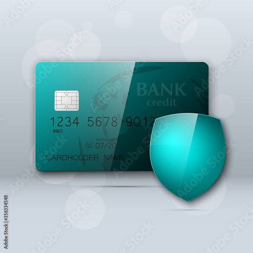 Protection shield Credit card. Safety badge banking icon. Defense safeguard finans icon. Security Plastic card software. Debit card guard electromagnetic chip. Privacy Electronic money funds transfer.