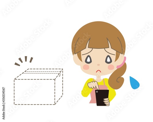 点線の箱とスマートフォンを操作して困り顔をする女性