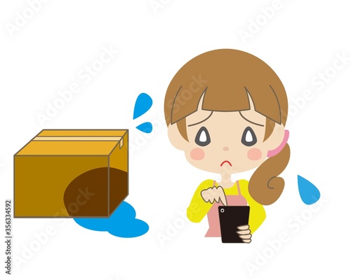 濡れた箱とスマートフォンを操作して困り顔をする女性