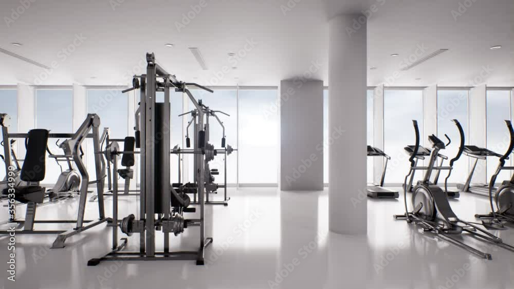 gym interior and fitness equipment, healthy lifestyle concept, video 3d render animation