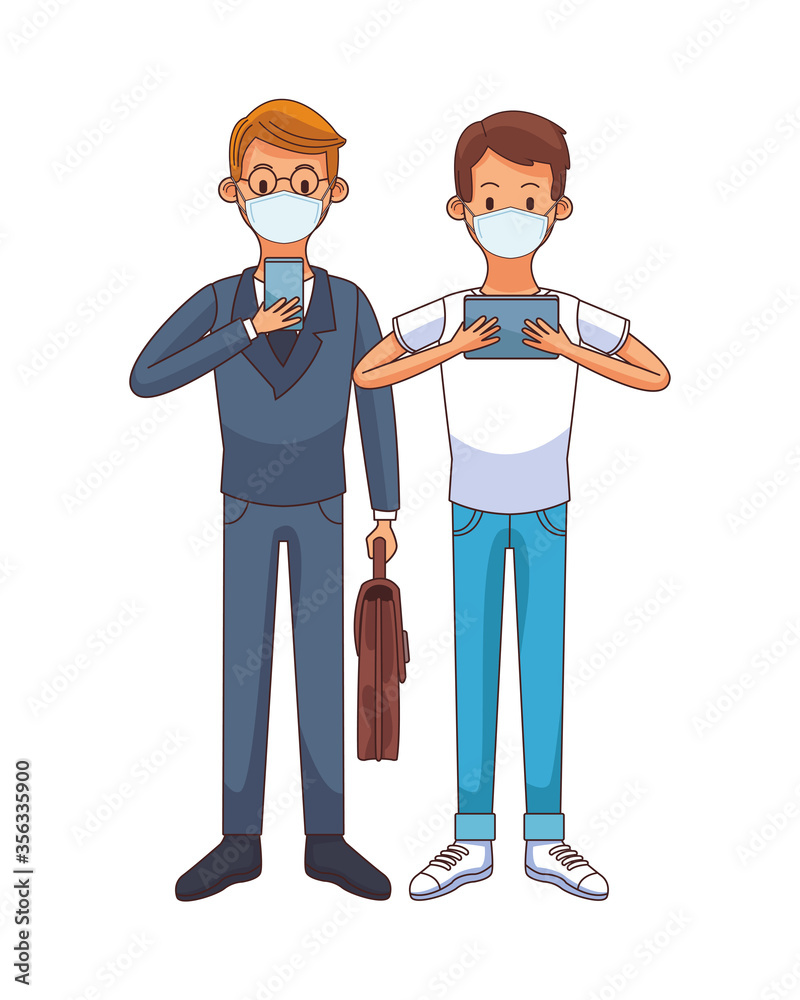 young men wearing medical masks using technology characters young men wearing medical masks using technology characters