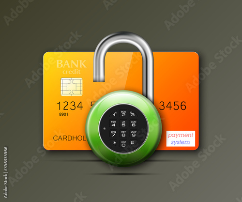 Credit card safe combination lock. Protection credit card. Safety badge banking. Defense finans. Security Plastic card software. Debit card electromagnetic chip Privacy Electronic money funds transfer