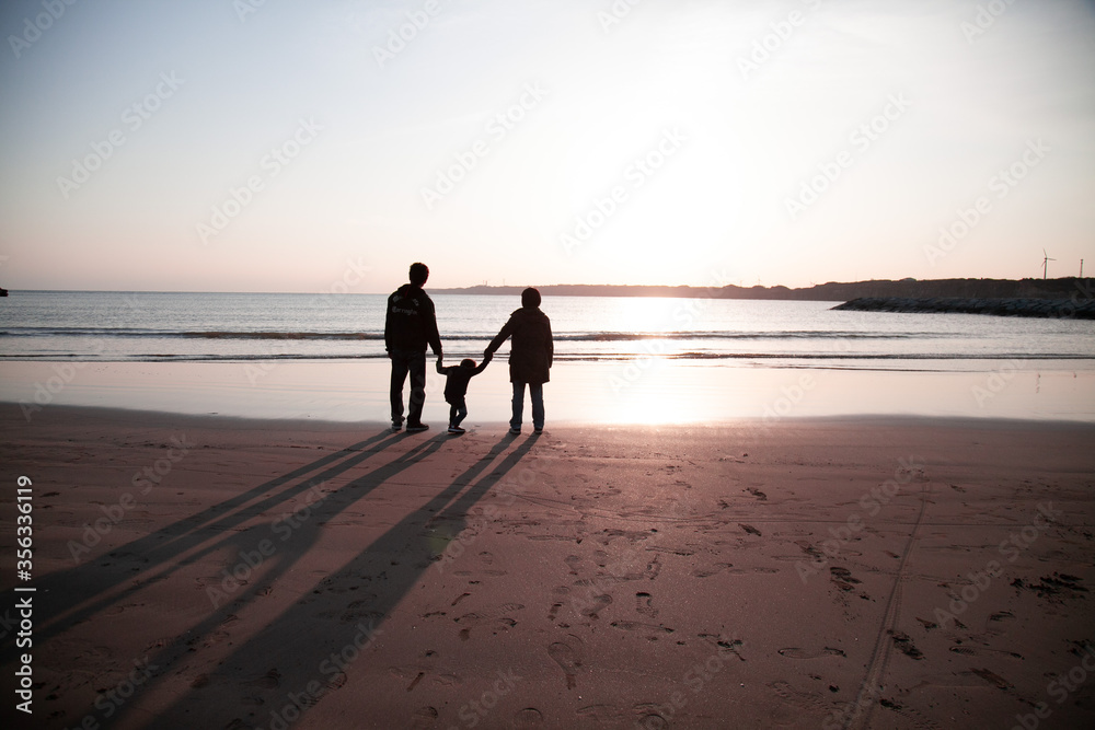 海辺で夕日を手を繋ぎながら眺める家族（ひき）影