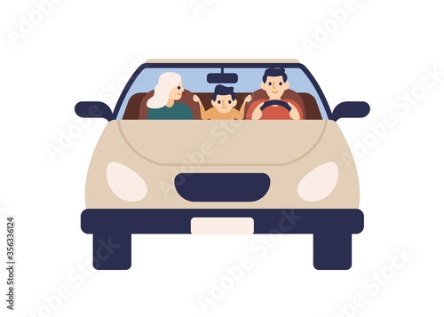 Happy family riding on car together front view vector flat illustration. Smiling father, mother and son ride on automobile together isolated on white. Cheerful male driver and passengers at vehicle
