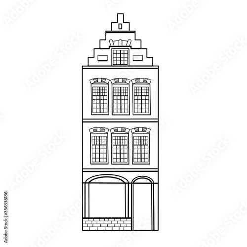 Old European house.Scandinavian city.Dutch house.Stylized facade of old buildings.Vector template.Sketch for anti-stress adult coloring book in zen-tangle style.Vector illustration for coloring page 