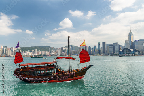 Traditional Chinese sailing ship in Victoria harbor, Hong Kong
